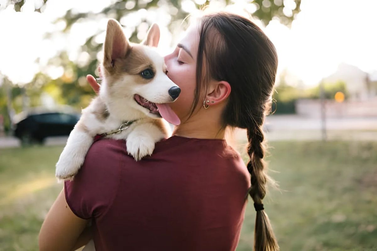 A woman holding a Corgi dog puppy